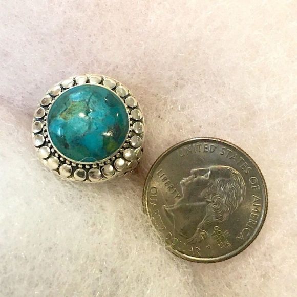 Turquoise Cabochon and Sterling Silver Basket Weave Ring Sz 7 or Sz 8 - Picture 5 of 12